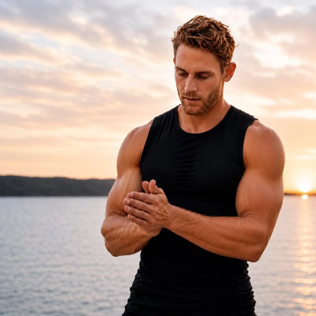 Man training at sunset by the water